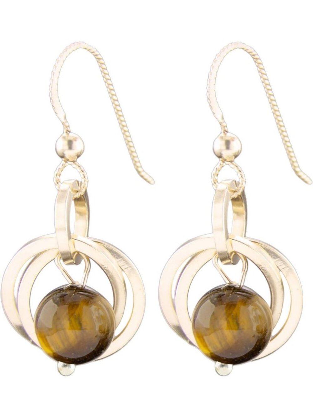 Elegant Brown Tiger Eye Circle Dangle Earrings, 14K Gold Filled for Women